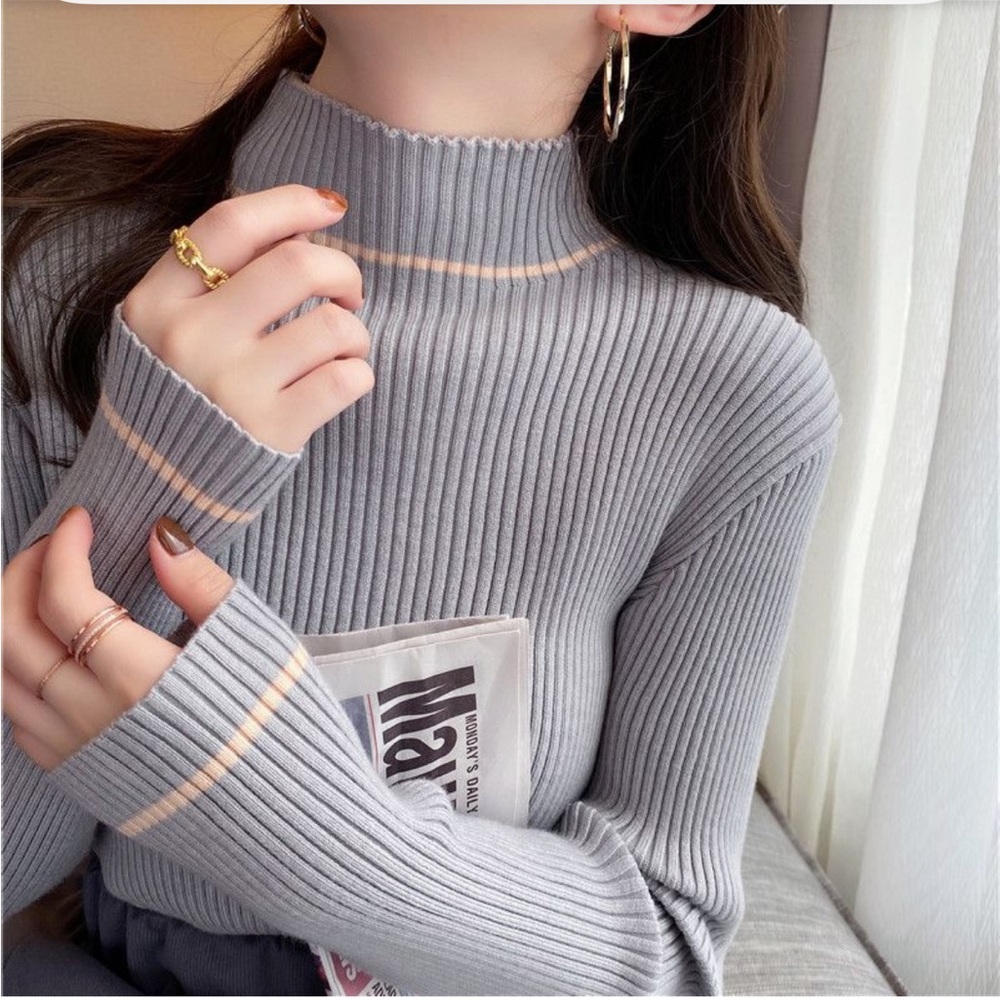 Korean Grey Rib Knit Mock Neck Sweater